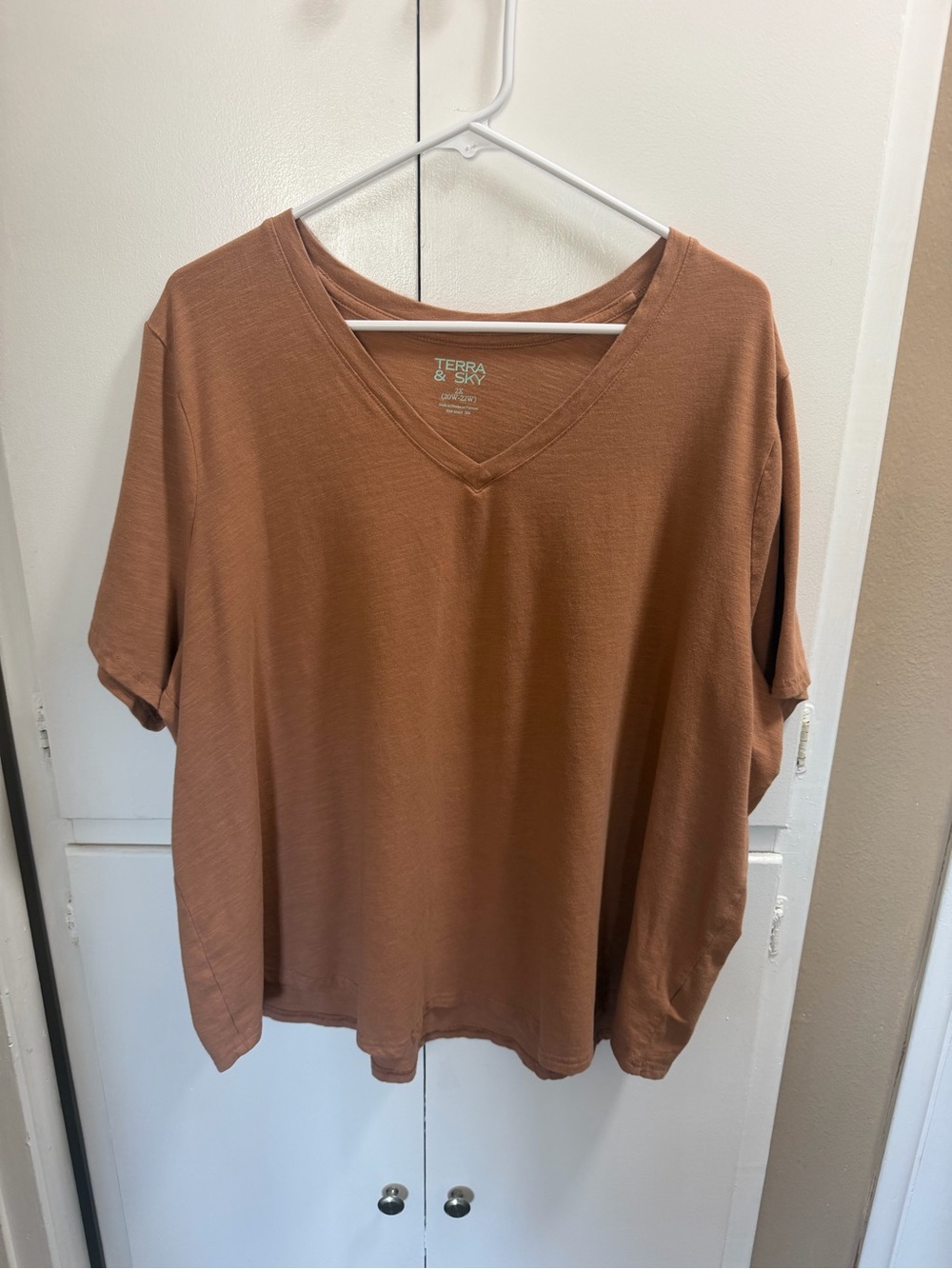 Terra & Sky V-Neck Short Sleeve Top in Rust Brown 2X